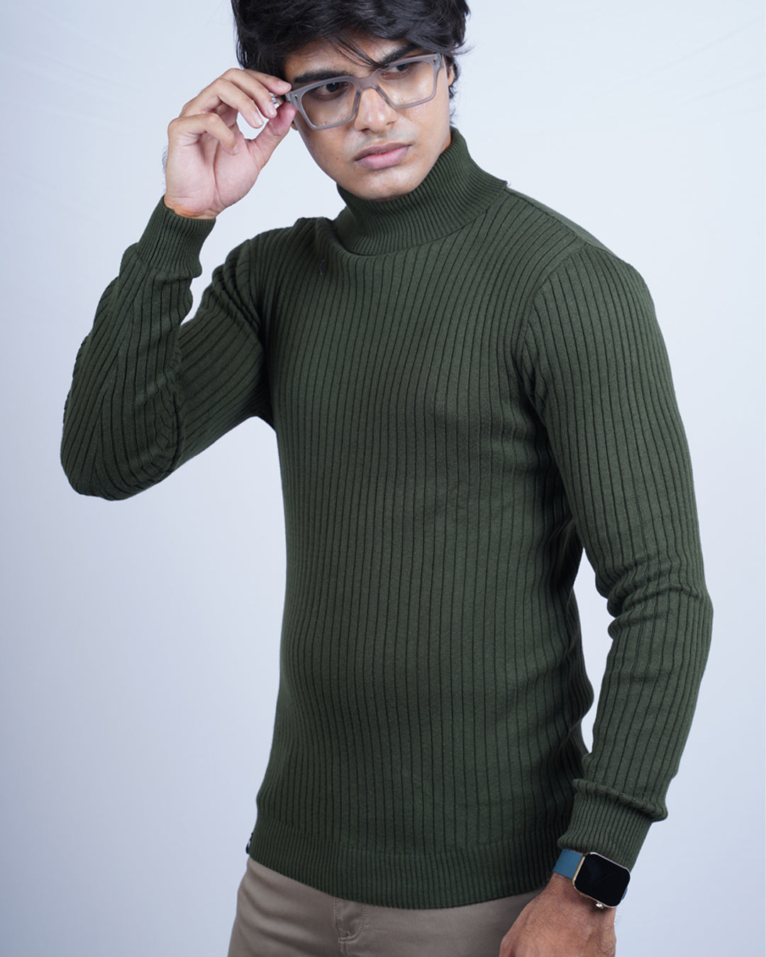 Olive color high neck full sleeve shirt for men