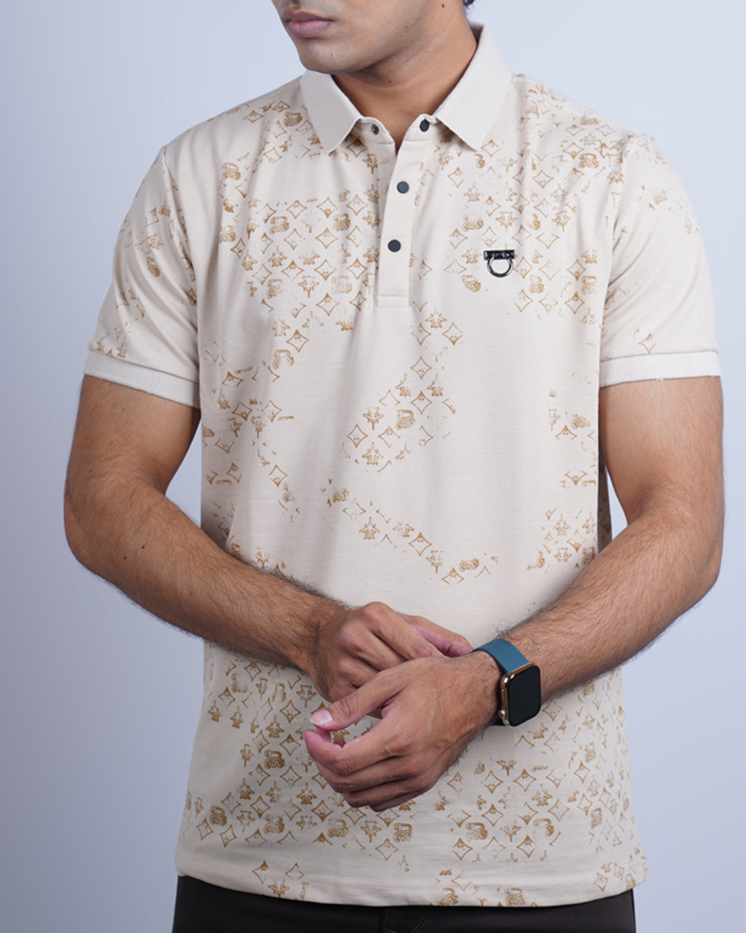 Cream-fawn color printed collar half sleeve t-shirt for men