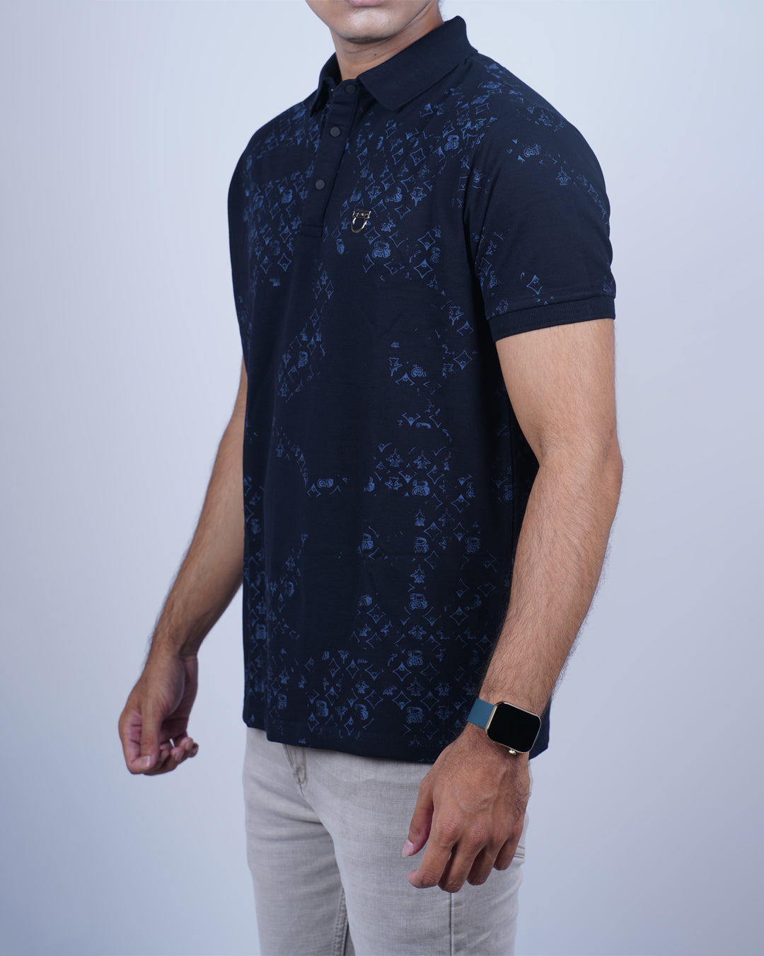 Navy blue color printed collar t-shirt for men