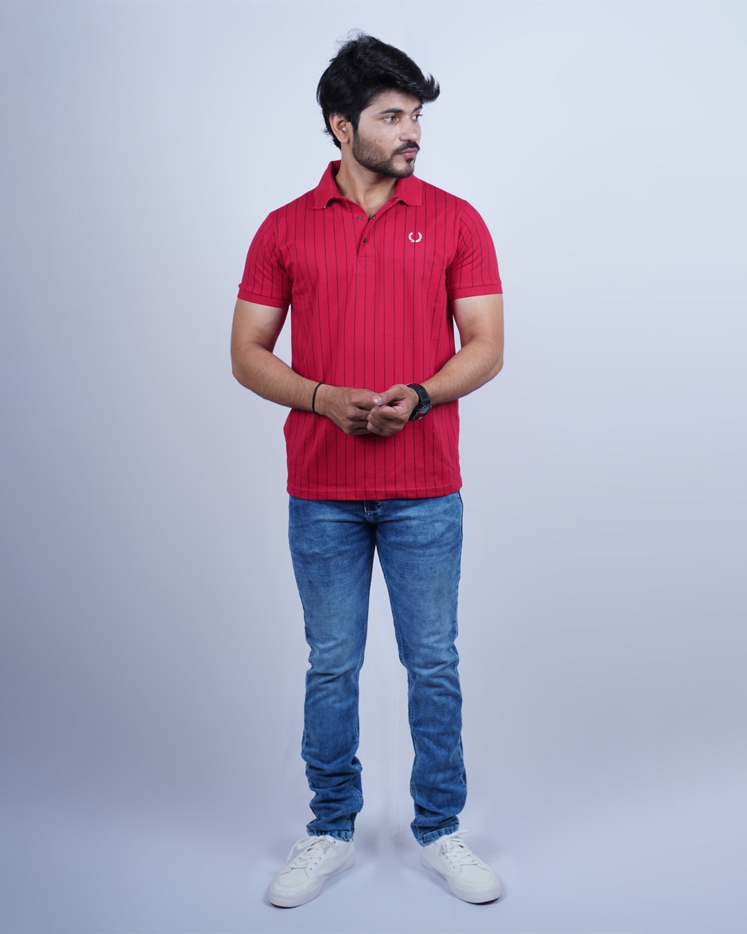 RED COLOR LINING COLLAR T-SHIRT