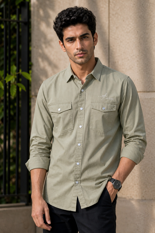 Men Plain Cotton Pista Full Sleeve Shirt | Casual Button Down Shirt with Pockets