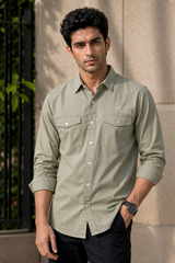 Men Plain Cotton Pista Full Sleeve Shirt | Casual Button Down Shirt with Pockets
