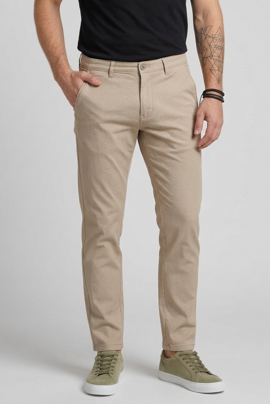 Men Cream Narrow Fit Structured Pants-TEM