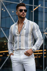 Men Grey Striped Shirt Outfit – Modern Street Style Look 261049715