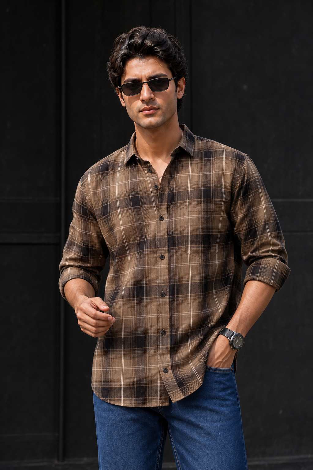 Men Olive & Black Plaid Long Sleeve Shirt