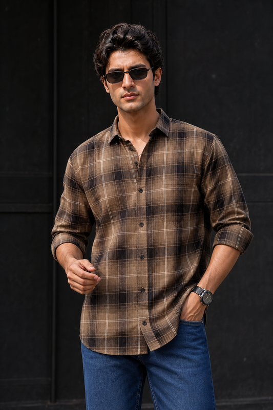 Men Olive & Black Plaid Long Sleeve Shirt