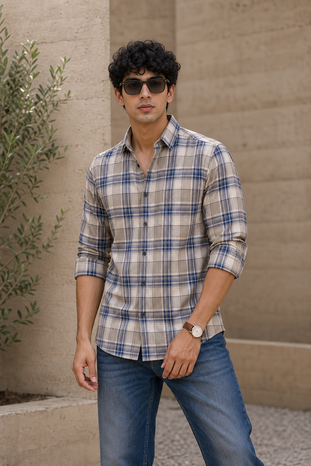 Men Beige and Blue Checkered Shirt Full Sleeve Slim Fit