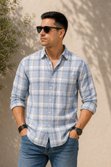 Men Grey Plaid Button-Down Shirt | Classic Long Sleeve Casual Shirt
