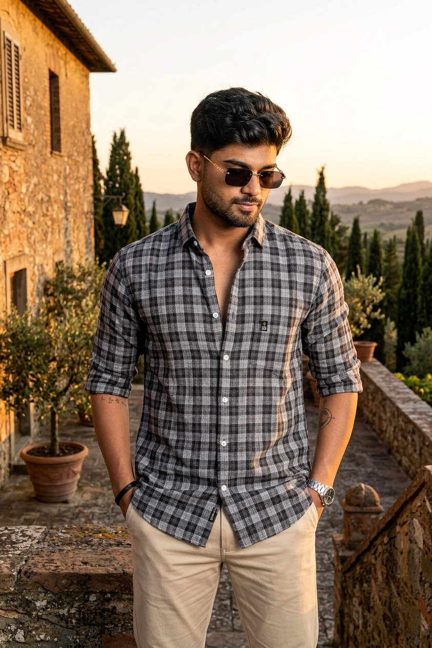 Classic Dark Grey Checked Shirt for Men – Everyday Wear WON