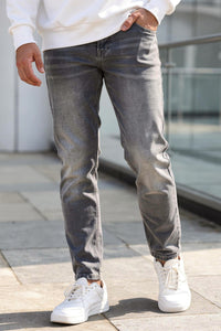 Men Grey Washed Denim Jeans Stretchable Ankle Fit Casual Wear | KHIANKF08