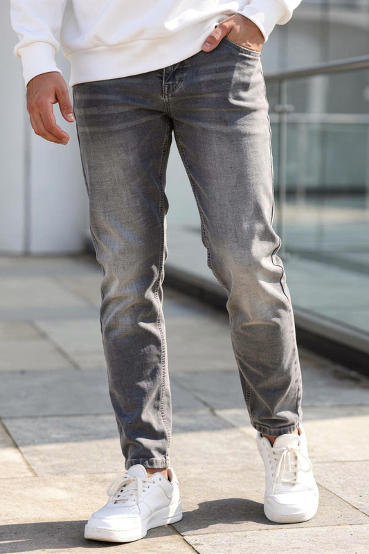 Men Grey Washed Denim Jeans Stretchable Ankle Fit Casual Wear