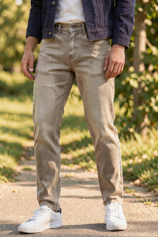 Men Beige Colour Narrow Fit Sulphur Wash Jeans - Stretch Denim HEN