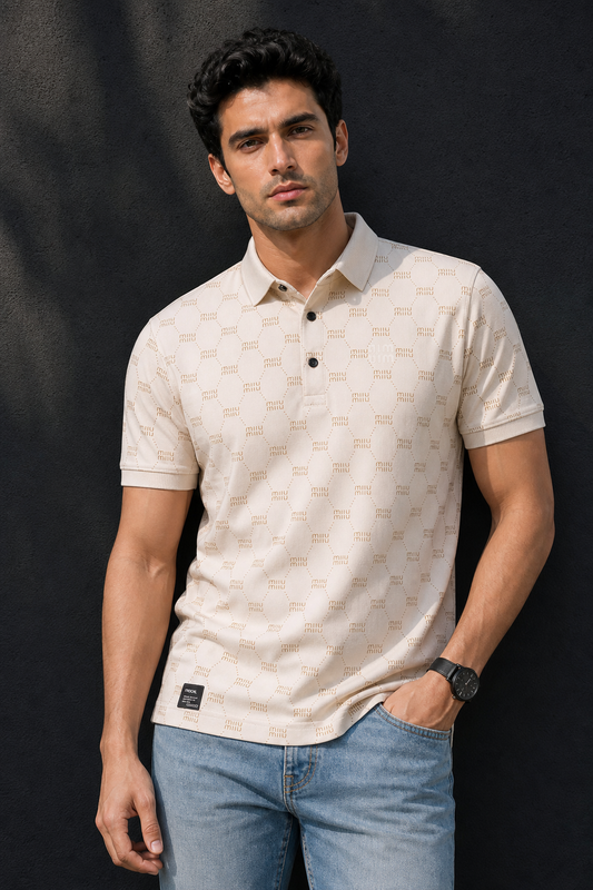 Men White Printed Polo T-Shirt – Half Sleeve Collar Neck