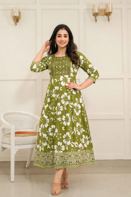 Green Floral Anarkali Kurti | Soft Cotton Casual Everyday Dress for Women