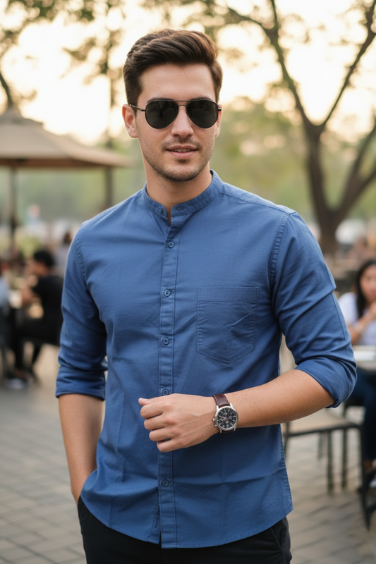 Navy Blue Solid Cotton Casual Shirt | Minimalist Style-251205753