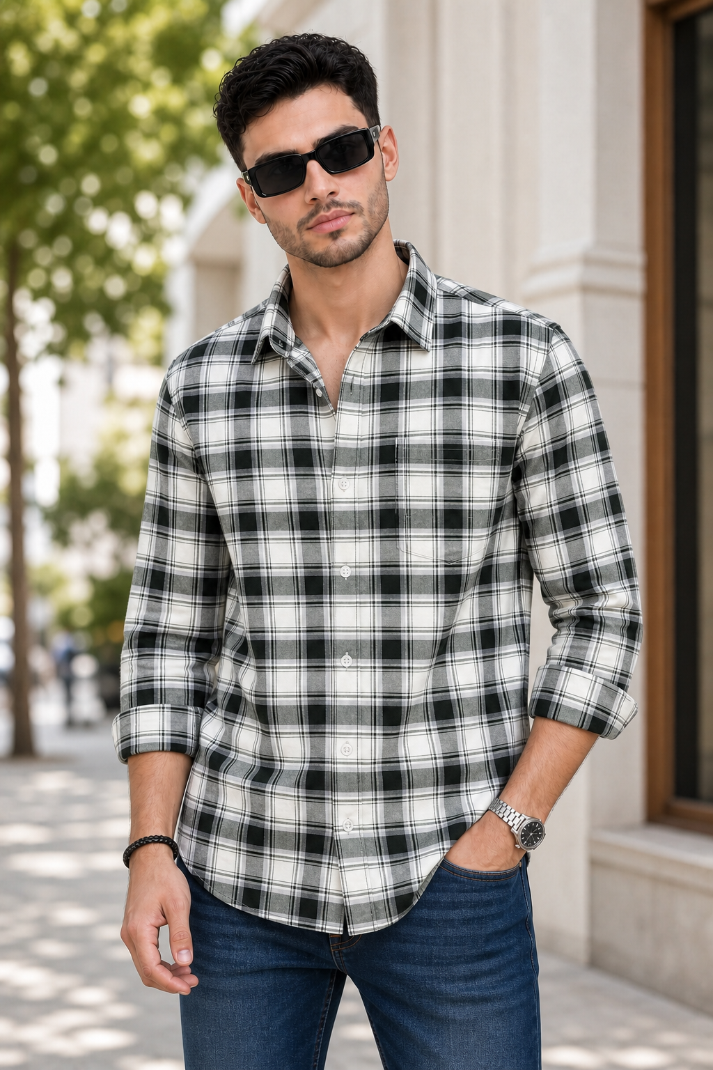 Green White Check Shirt for Men | Casual Fit