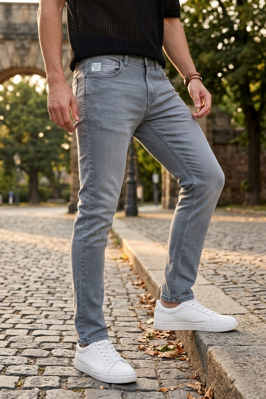 Men Light Grey Narrow Fit Jeans - Premium Denim Wash