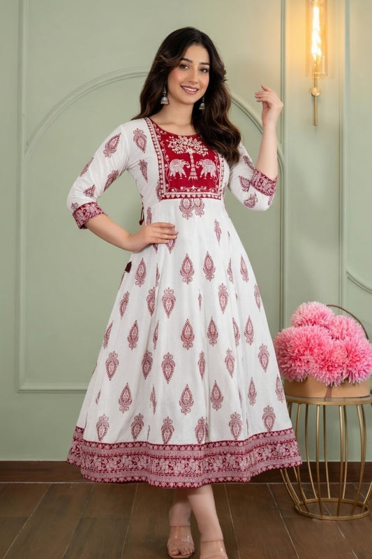 Women White Base Maroon Elephant Print Anarkali Kurti | Contrast Yoke Dress