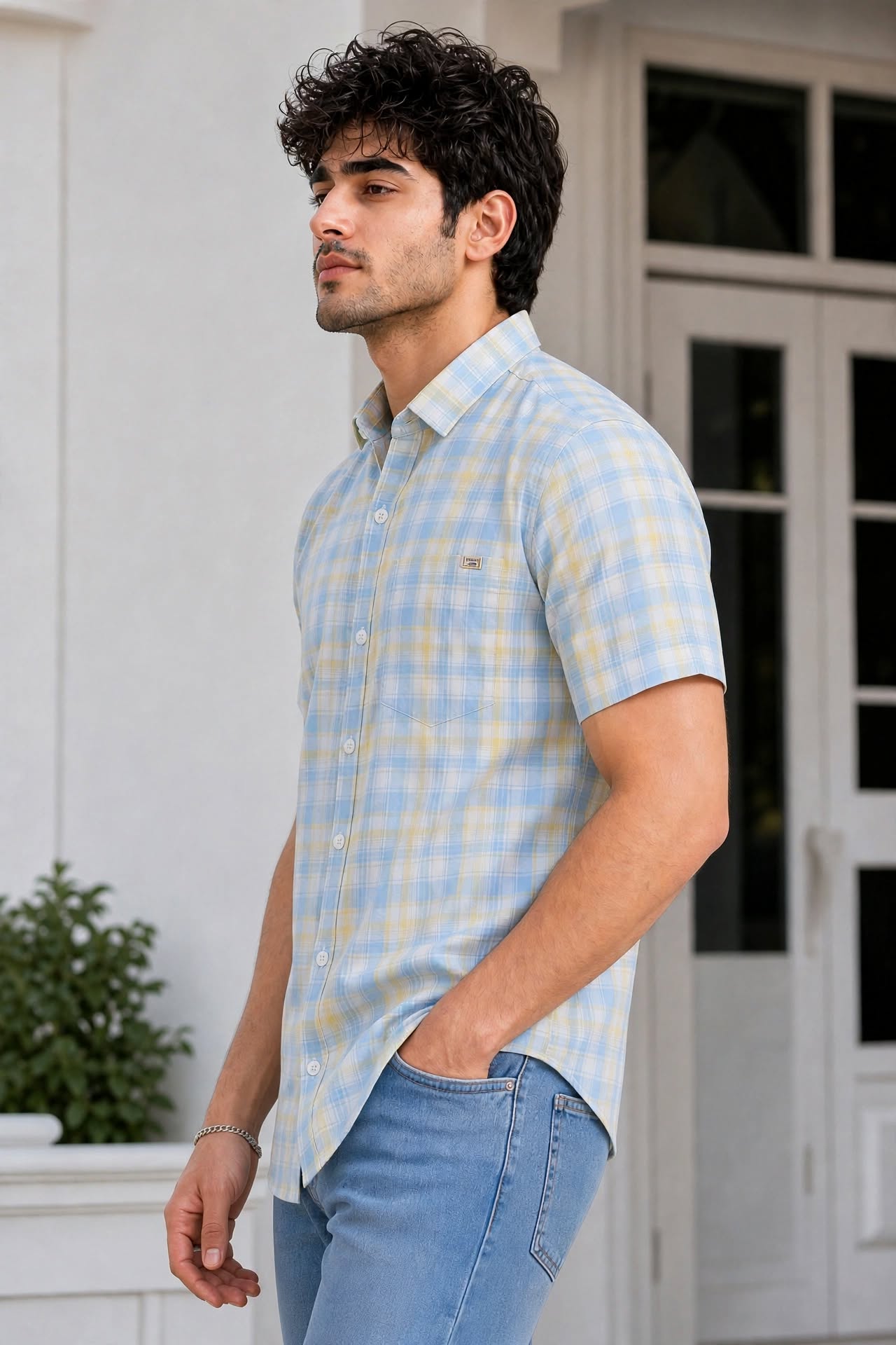 Men Yellow Checkered Half Sleeve Casual Shirt SGV-528-2
