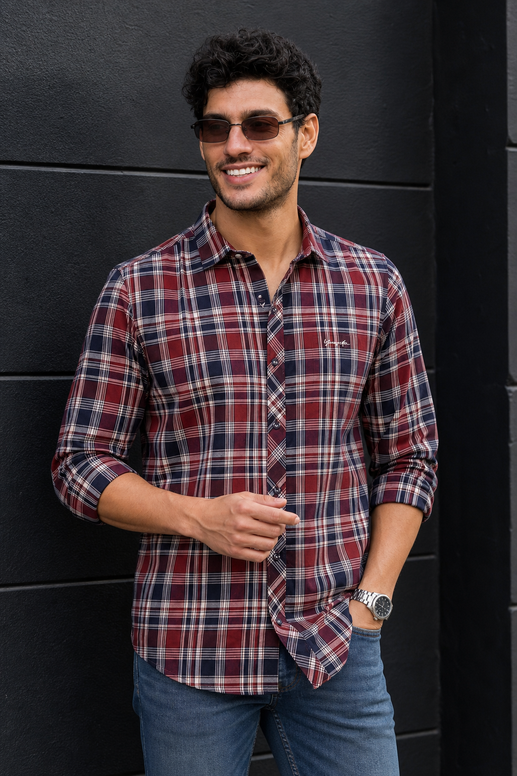 Men Classic Maroon Plaid Shirt | Navy Check Button-Up