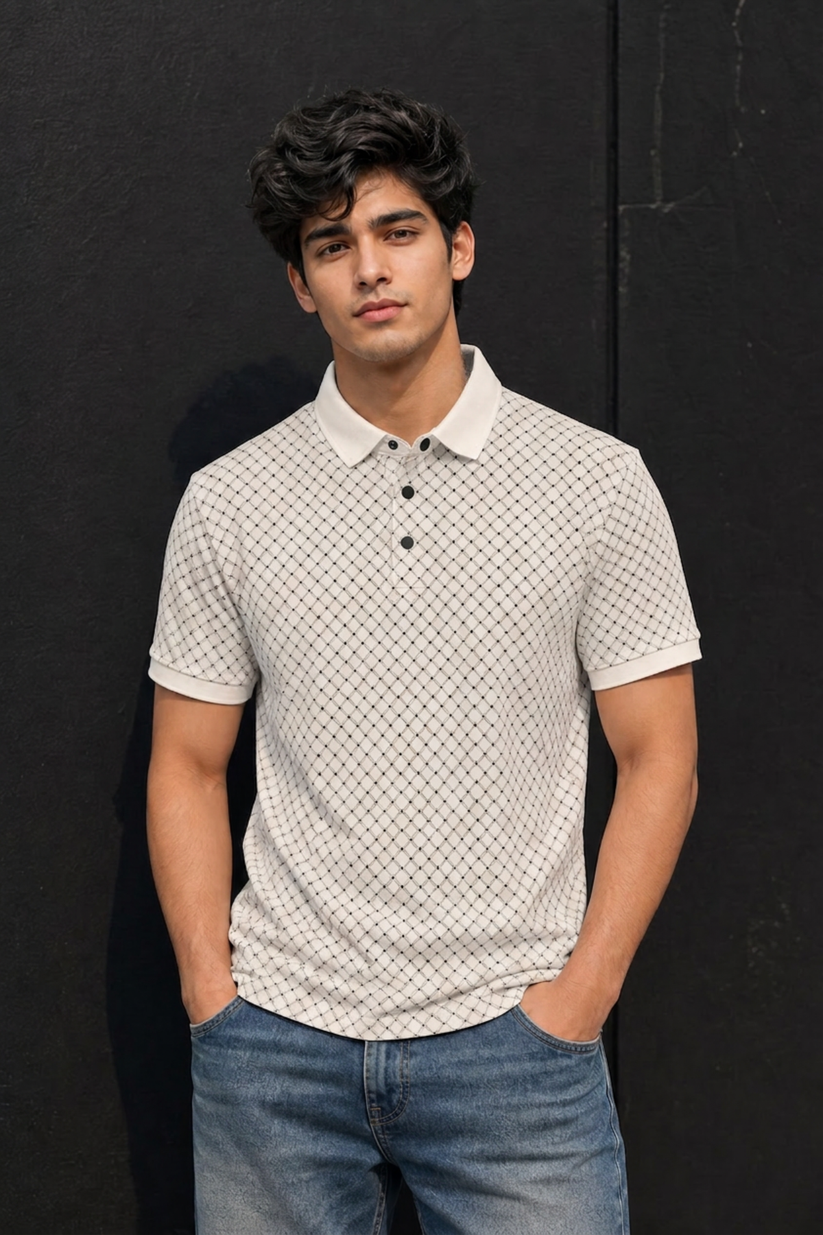 Men White Geometric Print Polo T-Shirt