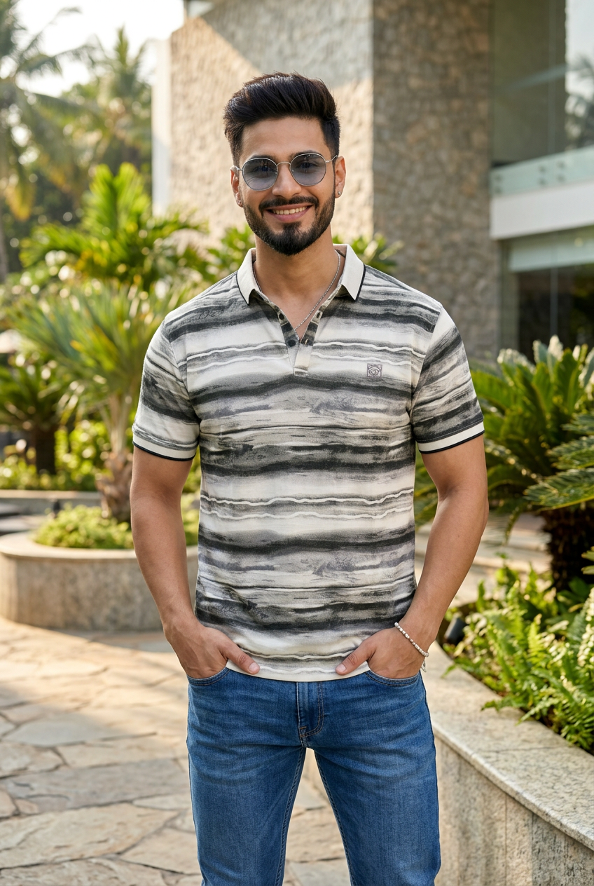 Stylish Dark Grey Printed Polo T-Shirt for Men | Modern Fit
