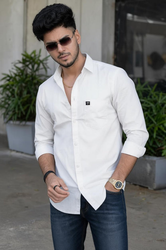 Men Slim Fit White Cotton Casual Shirt - Premium Smart-Casual Wear JK