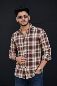 Men Casual Coffee Plaid Shirt – Classic Long Sleeve Check Shirt KEV