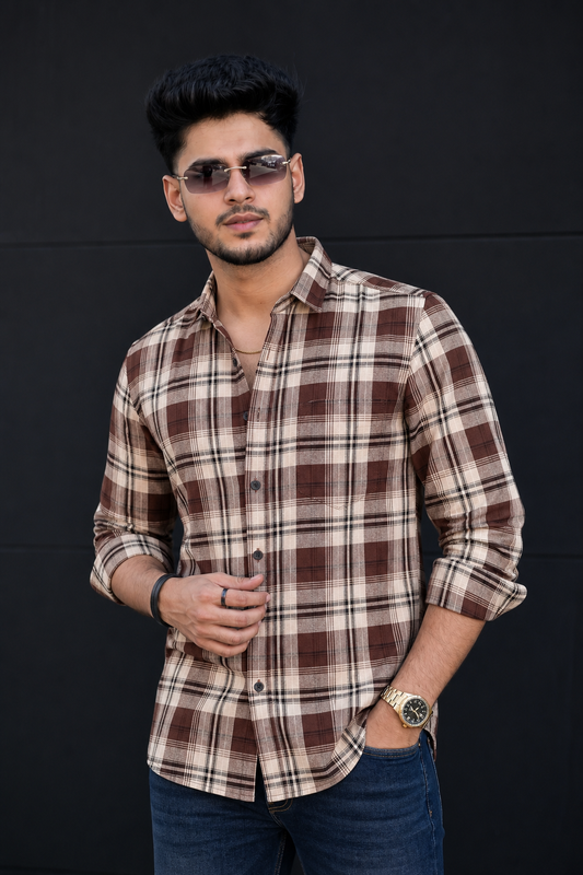 Men Casual Coffee Plaid Shirt – Classic Long Sleeve Check Shirt