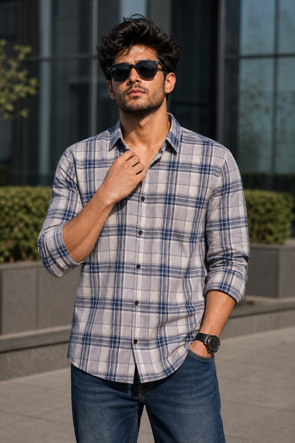 Men White Blue Checked Casual Shirt for Men – Stylish Full Sleeve