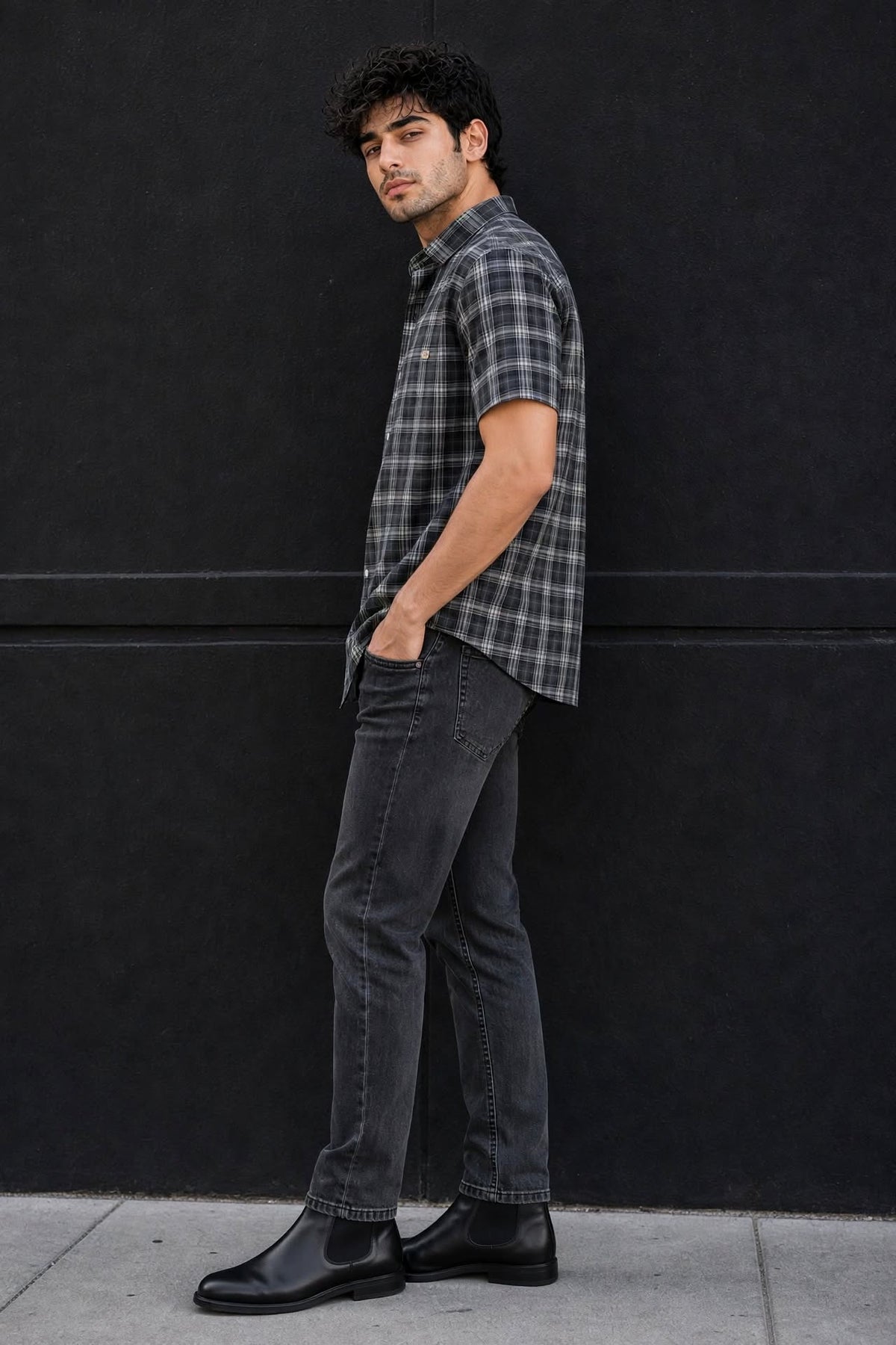 Men Dark Grey Checkered Half Sleeve Casual Shirt SGV-528-4