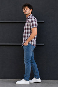 Men Wine Checkered Half Sleeve Casual Shirt SGV-528-6
