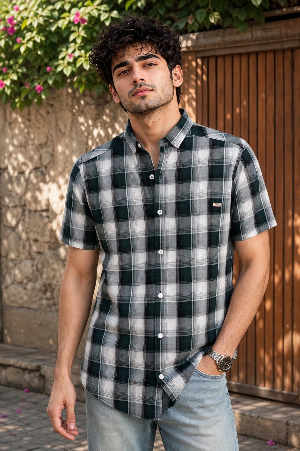 Men Parrot Green Checkered Half Sleeve Casual Shirt SGV-528-6