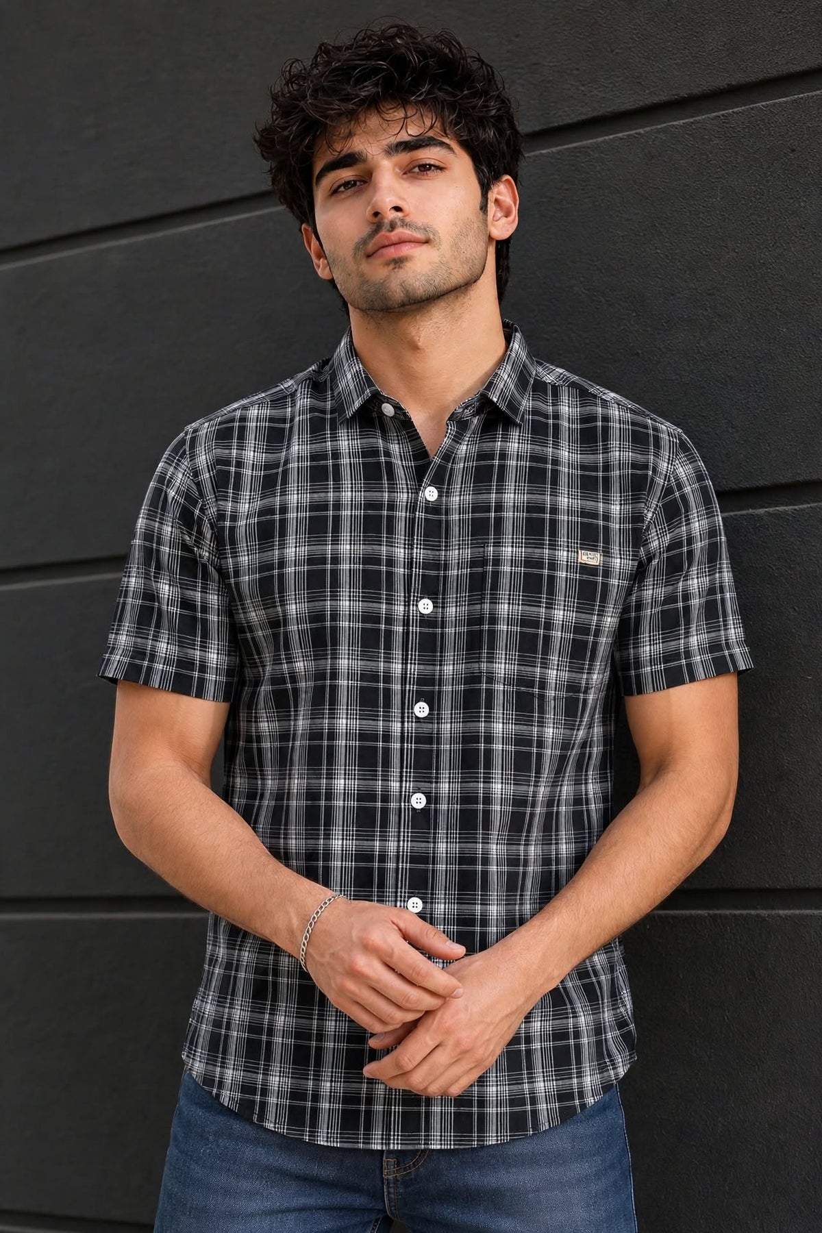 Men Black Checkered Half Sleeve Casual Shirt SGV-528-5