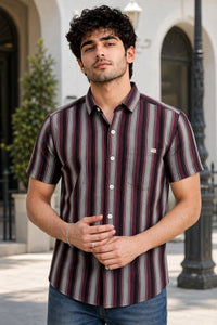 Men Maroon Vertical Striped Half Sleeve Casual Shirt SGV-528-1