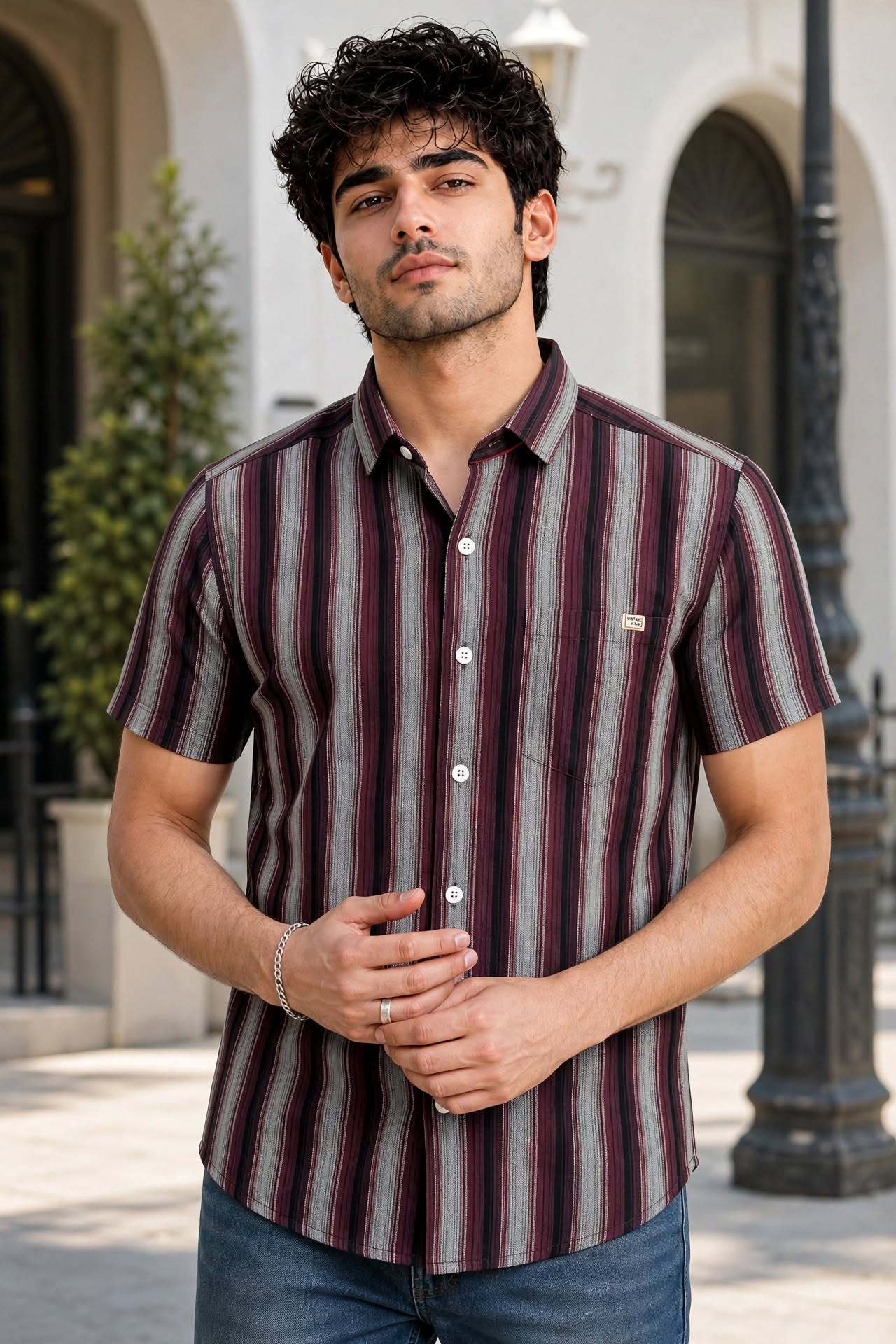Men Maroon Vertical Striped Half Sleeve Casual Shirt SGV-528-1