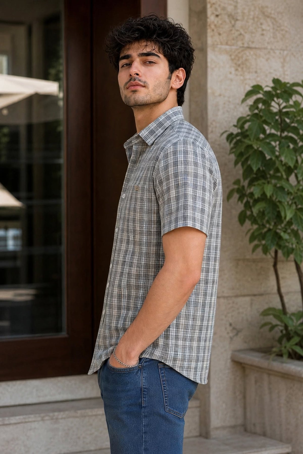 Men Grey Checkered Half Sleeve Casual Shirt SGV-528-4