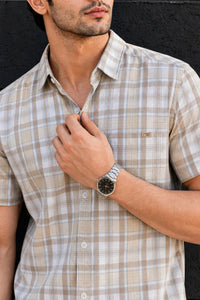 Men Cream Checkered Half Sleeve Casual Shirt SGV-528-2