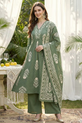 Women Floral Pure Cotton Kurta, Churidar & Dupatta Set-Pista-261014108