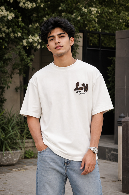 Men Louis Vuitton White Logo Drop Shoulder T-Shirt