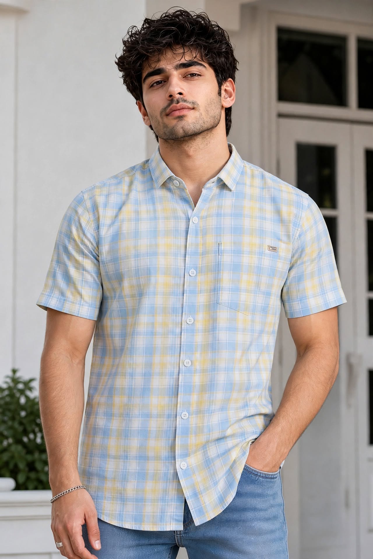 Men Yellow Checkered Half Sleeve Casual Shirt SGV-528-2
