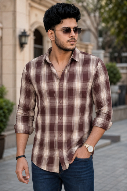 Men Coffee Checkered Shirt for Men | Classic Long Sleeve Plaid Shirt