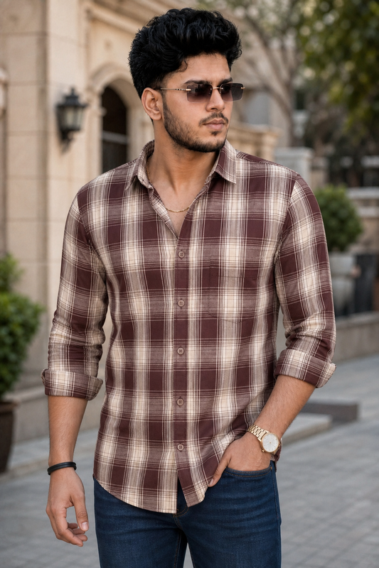 Men Coffee Checkered Shirt for Men | Classic Long Sleeve Plaid Shirt
