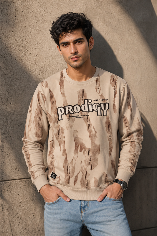 Men Cream Printed Sweatshirt – Full Sleeve Prodigy Graphic