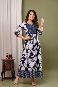 Women Navy Blue & White Printed Kurti with Embroidered Yoke | ATLANARKALI