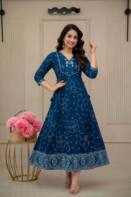 Peacock Blue Floral Print Maxi Anarkali Dress Kurti