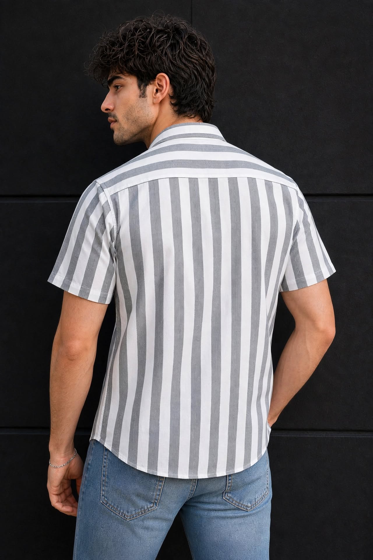 Men Grey Vertical Striped Half Sleeve Casual Shirt SGV-528-1