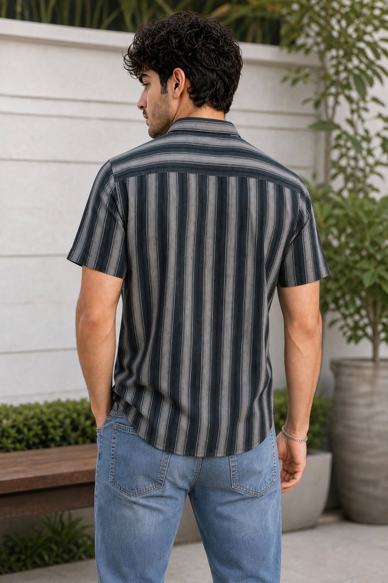 Men Green Vertical Striped Half Sleeve Casual Shirt SGV-528-1