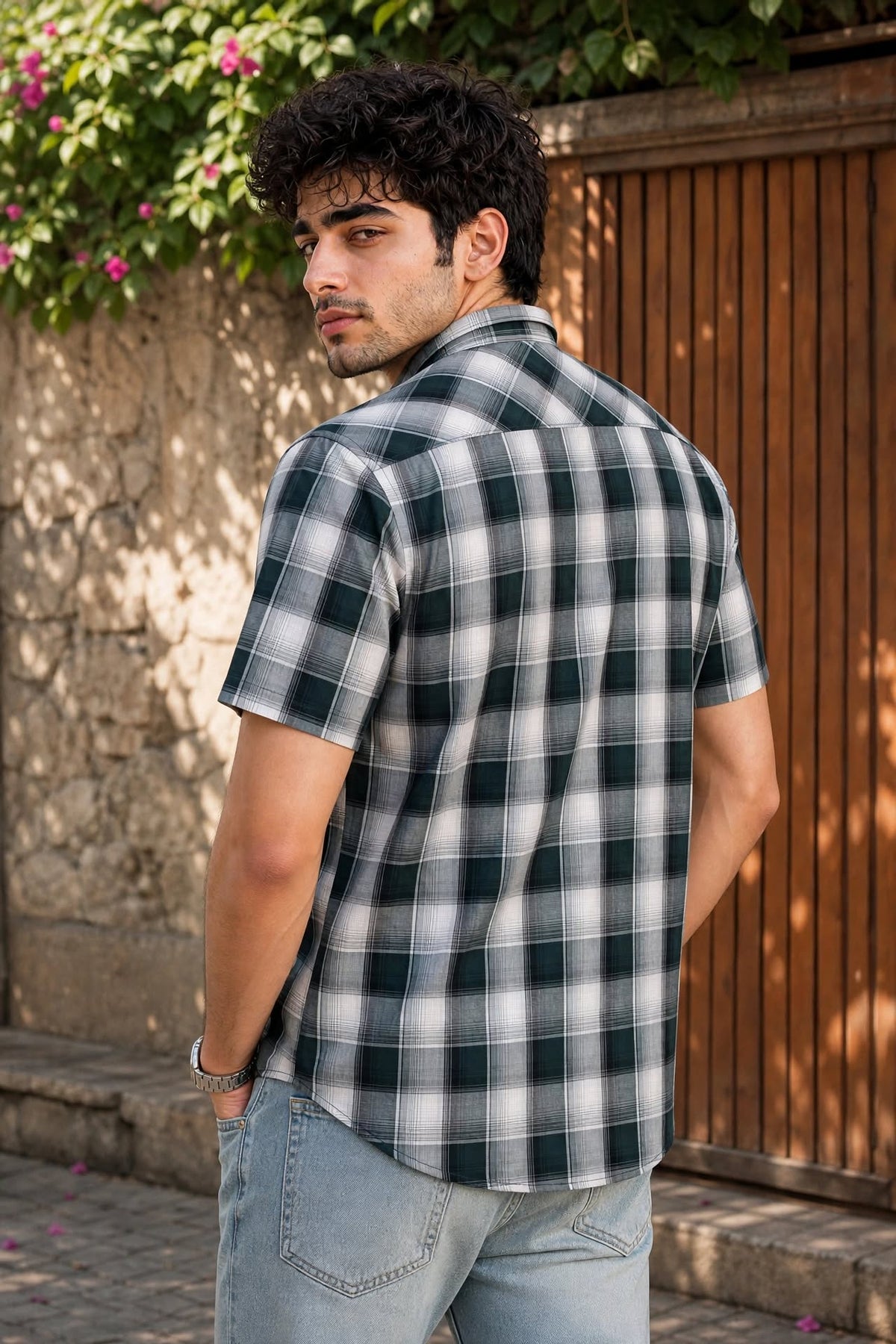 Men Parrot Green Checkered Half Sleeve Casual Shirt SGV-528-6