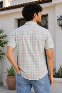 Men Peach Checkered Half Sleeve Casual Shirt SGV-528-2